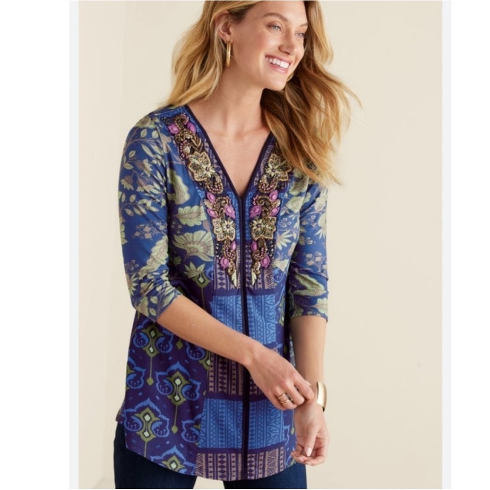 Soft Surroundings Amaya Blue Floral Embroidered Sequin Beaded‎ Tunic